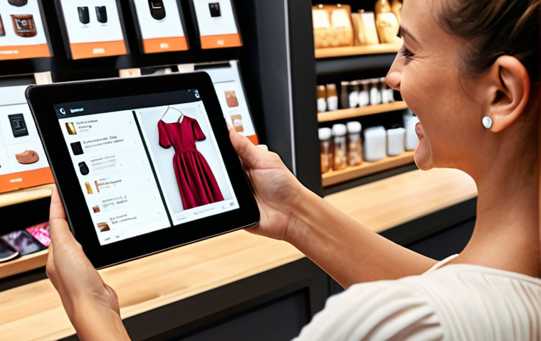**
*Prompt:* Personalized shopping experience. A customer smiling, interacting with a tablet showing curated product recommendations. Focus on ease of use and tailored suggestions.
**