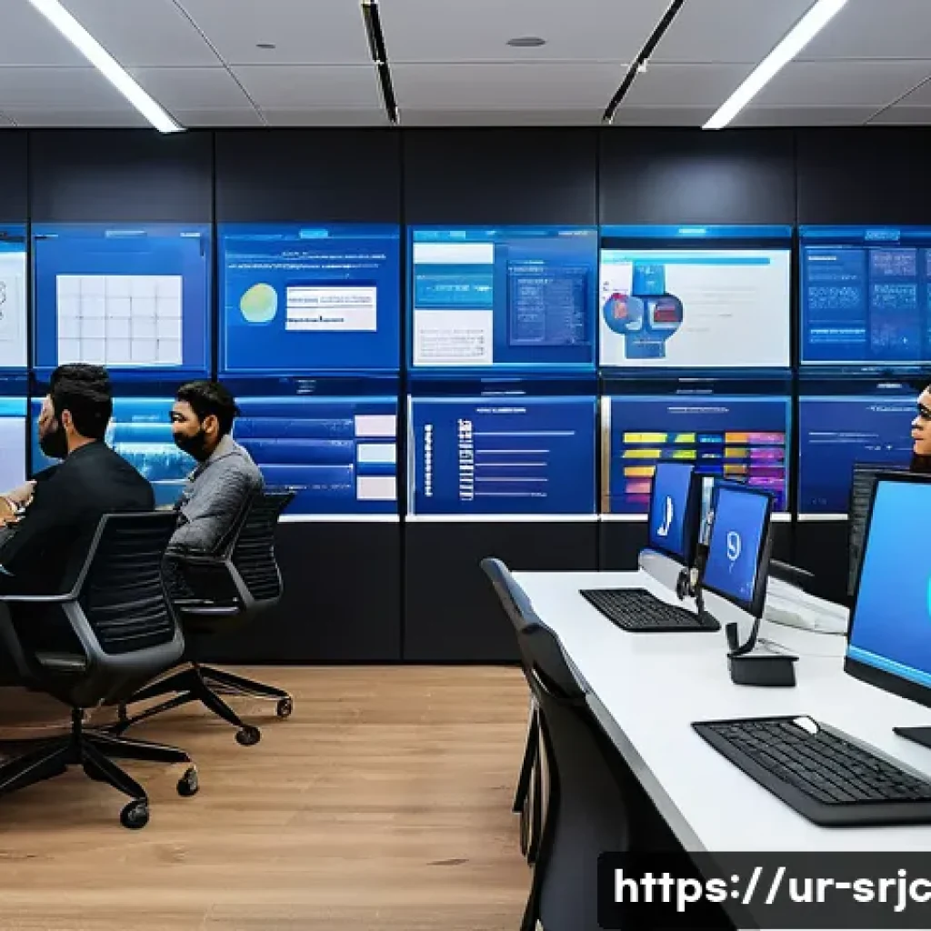 제품 서비스화의 시장 진입 전략 - A modern office scene showing a diverse team of professionals in a sleek, contemporary workspace in ...