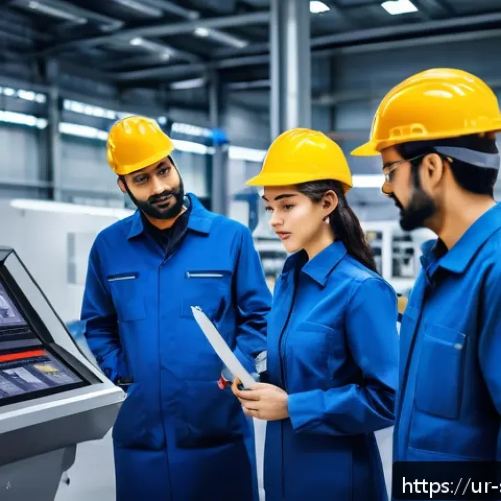 제조업의 서비스화 성공 사례 - A modern industrial service center showcasing a diverse team of well-trained engineers and technicia...