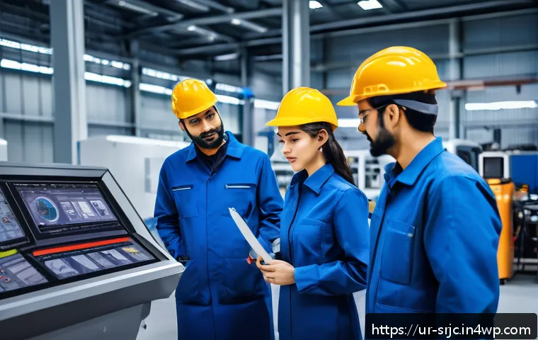 제조업의 서비스화 성공 사례 - A modern industrial service center showcasing a diverse team of well-trained engineers and technicia...