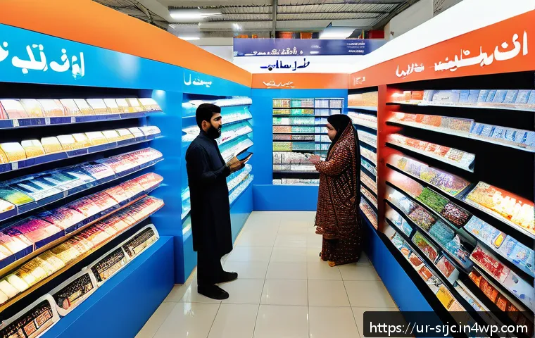 제품 서비스화에 대한 소비자 반응 - A modern urban market scene in Karachi featuring diverse Urdu-speaking consumers interacting with ne...